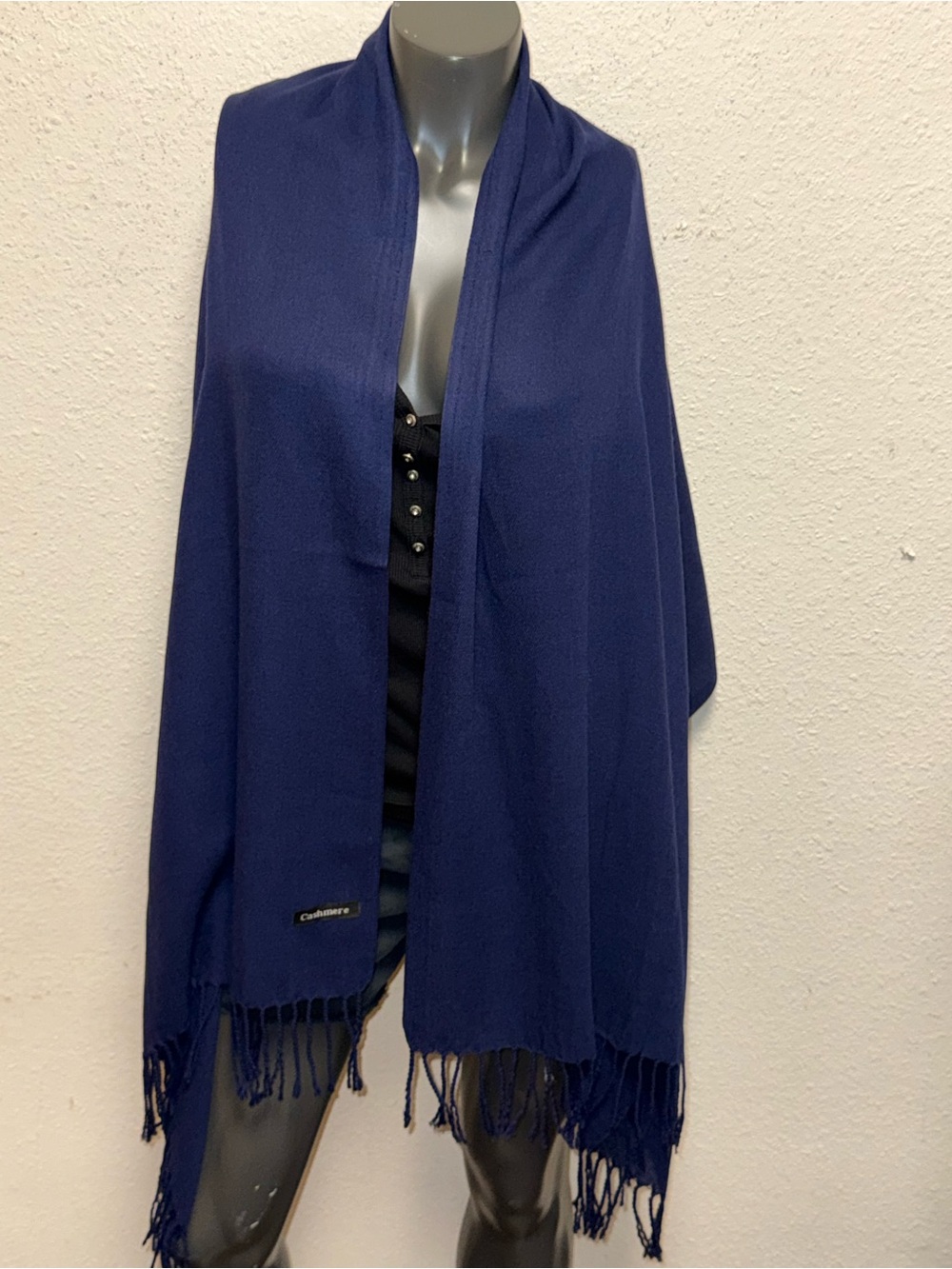 Classic Navy Cashmere-Blend Fringe Wrap Scarf